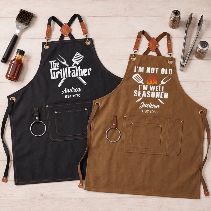 Custom Canvas Apron - Personalized Birthday Gifts For Husband, Son, Grandson, Brother, Grandpa, Dad, Yourself - The GrillFather