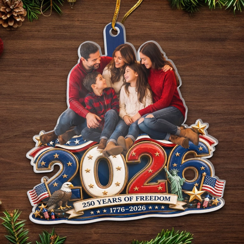 Custom Photo Acrylic Ornament - Personalized America 250th Anniversary Christmas Gifts For Mom, Dad, Brother, Sister - Land Of Free Loved Family