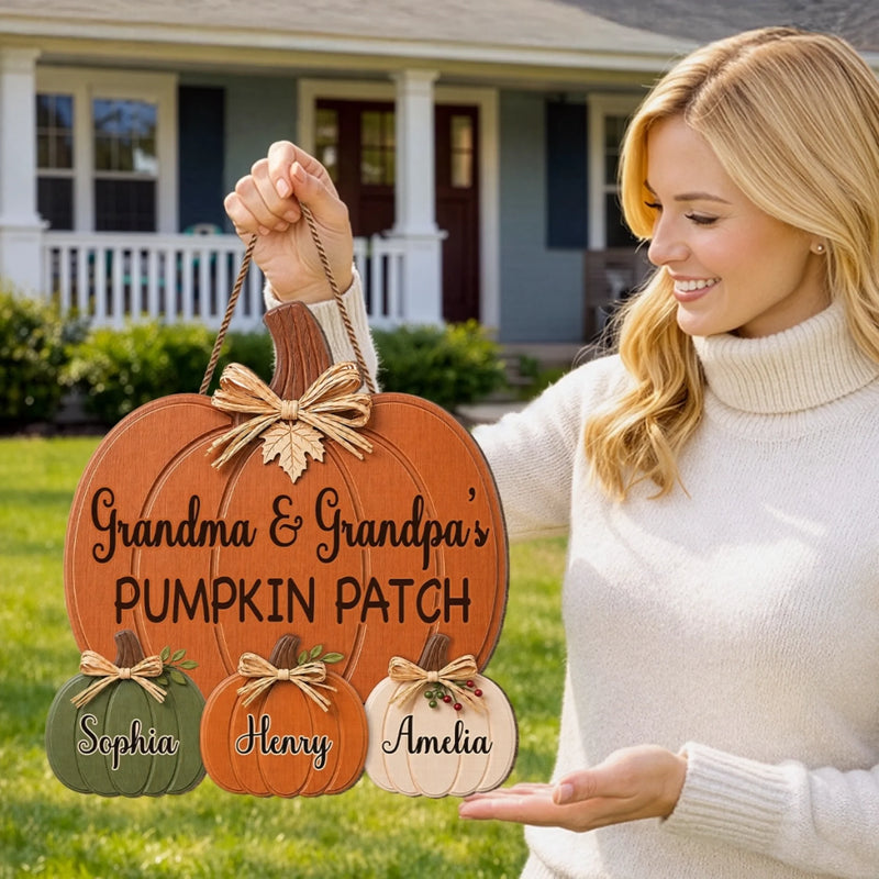 Custom Pumpkin Wood Sign - Personalized Birthday Gifts For Grandma, Grandpa - Cozy Autumn Grandkids