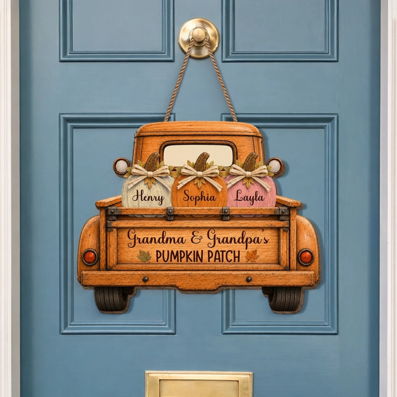 Custom Pumpkin Wood Sign - Personalized Birthday Gifts For Grandma, Grandpa - Our Family’s Pumpkin Patch