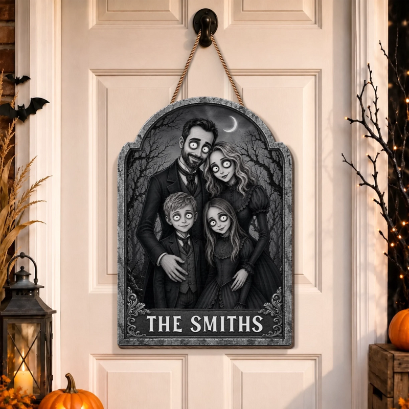 Custom Photo Wood Sign - Personalized Halloween Decor Birthday Gifts For Mom, Dad, Brother, Sister - Home Of The Creepy Family