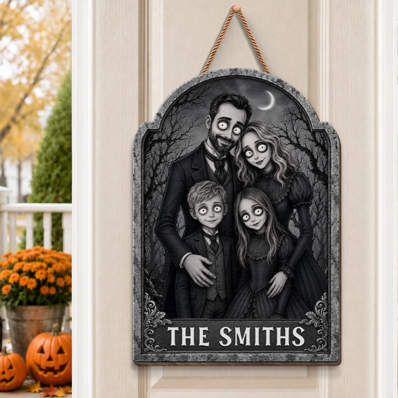 Custom Photo Wood Sign - Personalized Halloween Decor Birthday Gifts For Mom, Dad, Brother, Sister - Home Of The Creepy Family