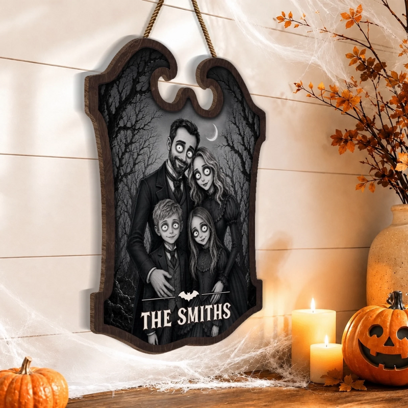 Custom Photo Wood Sign - Personalized Halloween Decor Birthday Gifts For Mom, Dad, Brother, Sister - Spooky Family Lives Right Here