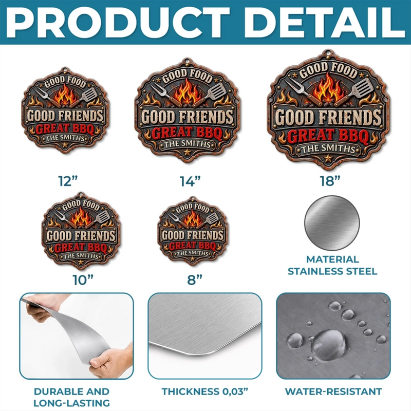 Custom BBQ Shaped Metal Sign - Personalized Grilling Gifts For BBQ Lovers, Husband, Son, Grandson, Brother, Grandpa, Dad, Yourself - Good Food Good Friends