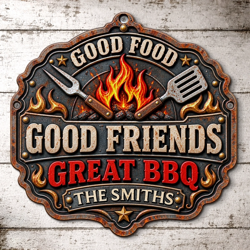 Custom BBQ Shaped Metal Sign - Personalized Grilling Gifts For BBQ Lovers, Husband, Son, Grandson, Brother, Grandpa, Dad, Yourself - Good Food Good Friends