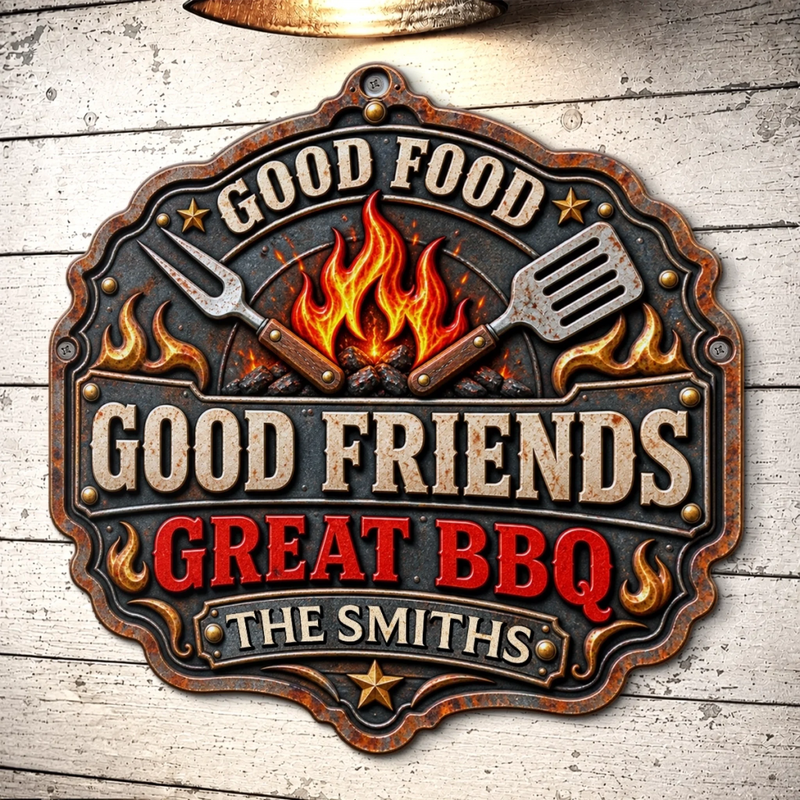 Custom BBQ Shaped Metal Sign - Personalized Grilling Gifts For BBQ Lovers, Husband, Son, Grandson, Brother, Grandpa, Dad, Yourself - Good Food Good Friends