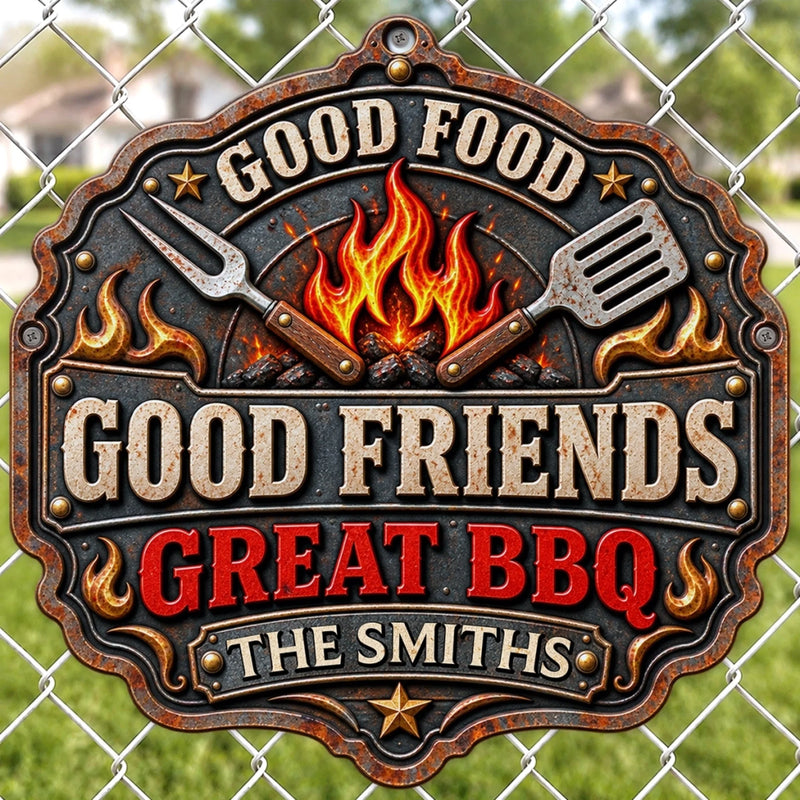 Custom BBQ Shaped Metal Sign - Personalized Grilling Gifts For BBQ Lovers, Husband, Son, Grandson, Brother, Grandpa, Dad, Yourself - Good Food Good Friends