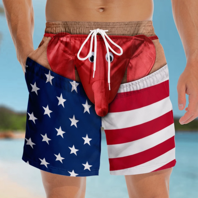 Custom Funny Patriotic Men Swim Trunks - Personalized Summer Vacation And Travel Gifts For Husband, Son, Grandson, Brother, Grandpa, Dad, Yourself - Party Like A Wild Elephant