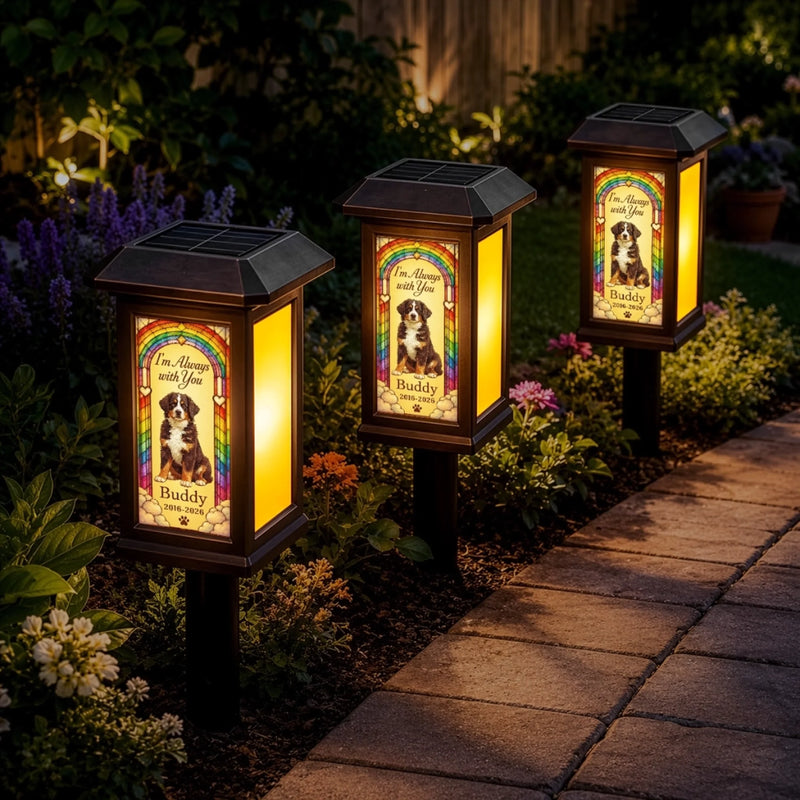 Custom Photo Solar Garden Light - Personalized Pet Memorial Sympathy Gifts For Dogs, Cats - Meet Me At Rainbow Bridge