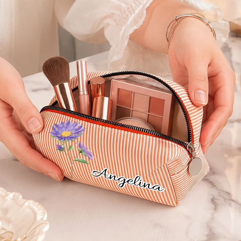 Custom Seersucker Makeup Bag - Personalized Birthday Gifts For Wife, Daughter, Besties, Sisters, Granddaughter, Grandma, Mom, Yourself - Blooming In My Own Way