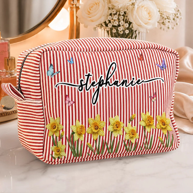 Custom Seersucker Makeup Bag - Personalized Birthday Gifts For Wife, Daughter, Besties, Sisters, Granddaughter, Grandma, Mom, Yourself - Wildflowers In My Heart