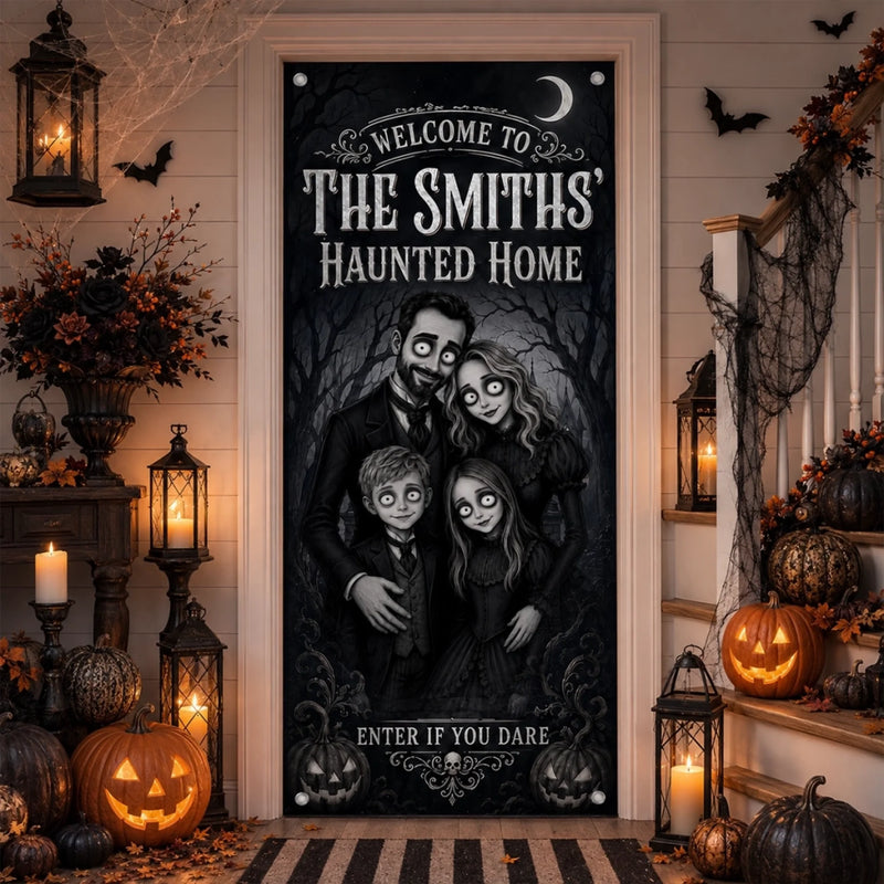 Custom Photo Door Cover - Personalized Halloween Decor Birthday Gifts For Mom, Dad, Brother, Sister - Spooky Fun Together