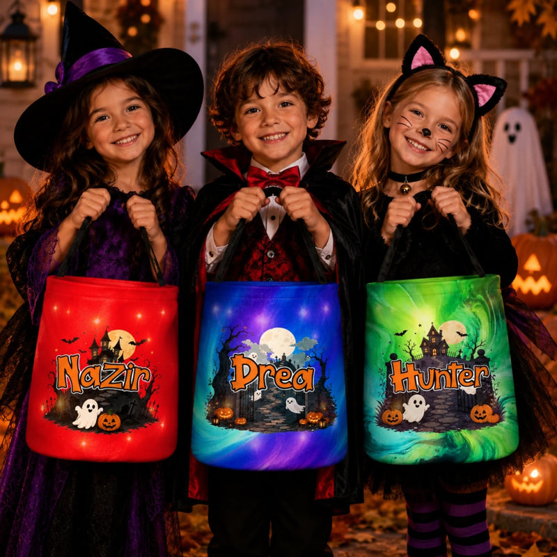 Custom LED Light Bucket Bag - Personalized Halloween  Birthday Gifts For Kids - Tiny Trickster