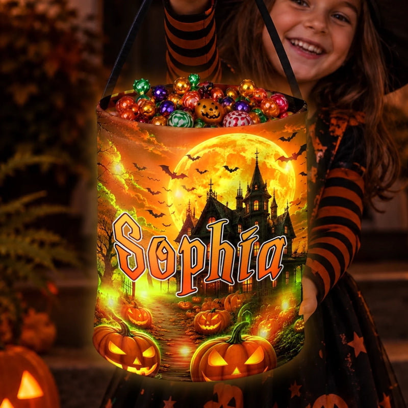 Custom LED Light Bucket Bag - Personalized Halloween  Birthday Gifts For Kids - Spooky Night Trick Or Treat