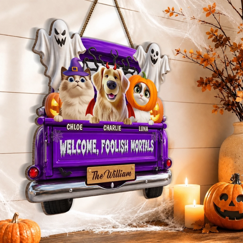 Custom Wood Sign - Personalized Halloween Decor Birthday Gifts For Dog Cat Lovers, Dog Dad And Mom, Cat Owners - Haunted By Our Happy Pack