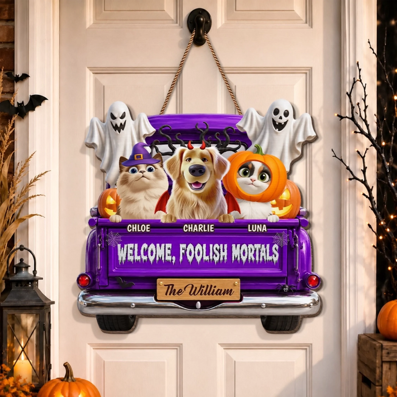 Custom Wood Sign - Personalized Halloween Decor Birthday Gifts For Dog Cat Lovers, Dog Dad And Mom, Cat Owners - Haunted By Our Happy Pack