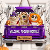 Custom Wood Sign - Personalized Halloween Decor Birthday Gifts For Dog Cat Lovers, Dog Dad And Mom, Cat Owners - Haunted By Our Happy Pack