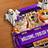 Custom Wood Sign - Personalized Halloween Decor Birthday Gifts For Dog Cat Lovers, Dog Dad And Mom, Cat Owners - Haunted By Our Happy Pack