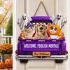 Custom Wood Sign - Personalized Halloween Decor Birthday Gifts For Dog Cat Lovers, Dog Dad And Mom, Cat Owners - Haunted By Our Happy Pack