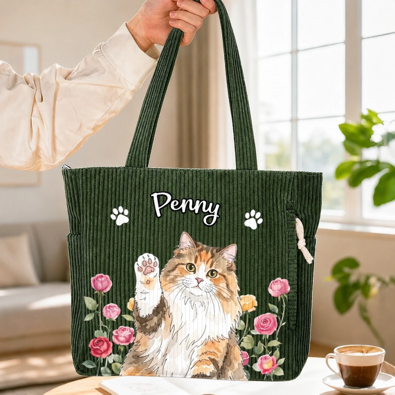 Custom Photo Corduroy Tote Bag - Personalized Birthday Gifts For Dog Cat Lovers, Dog Dad And Mom, Cat Owners - My Garden Of Little Joys