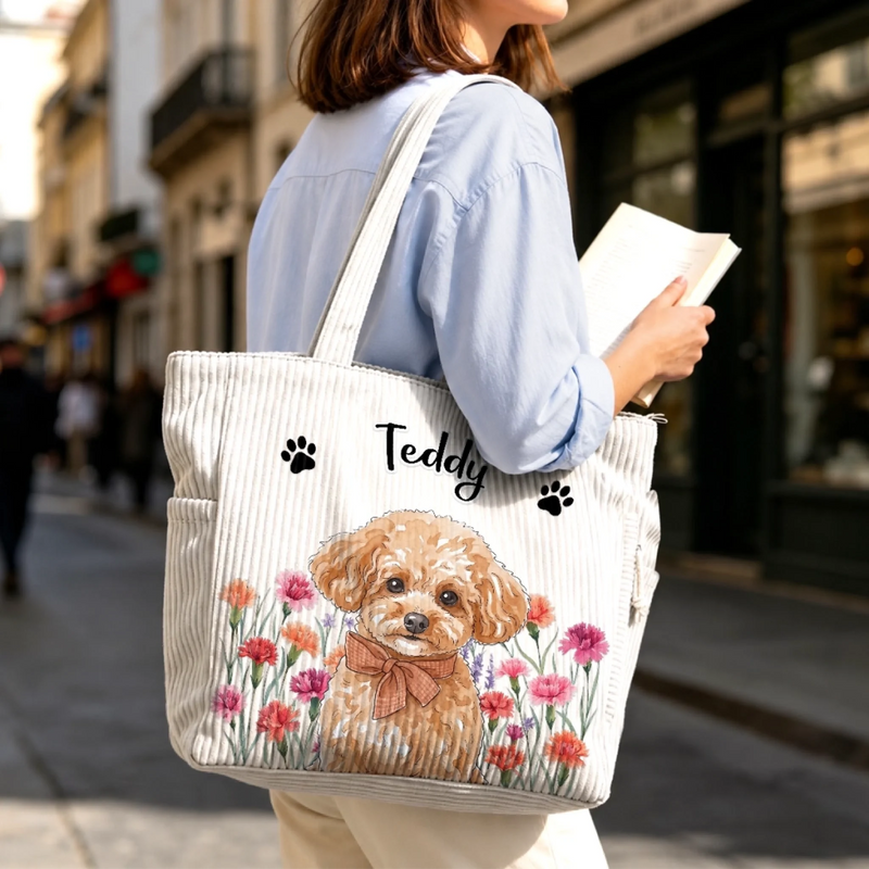 Custom Photo Corduroy Tote Bag - Personalized Birthday Gifts For Dog Cat Lovers, Dog Dad And Mom, Cat Owners - My Garden Of Little Joys