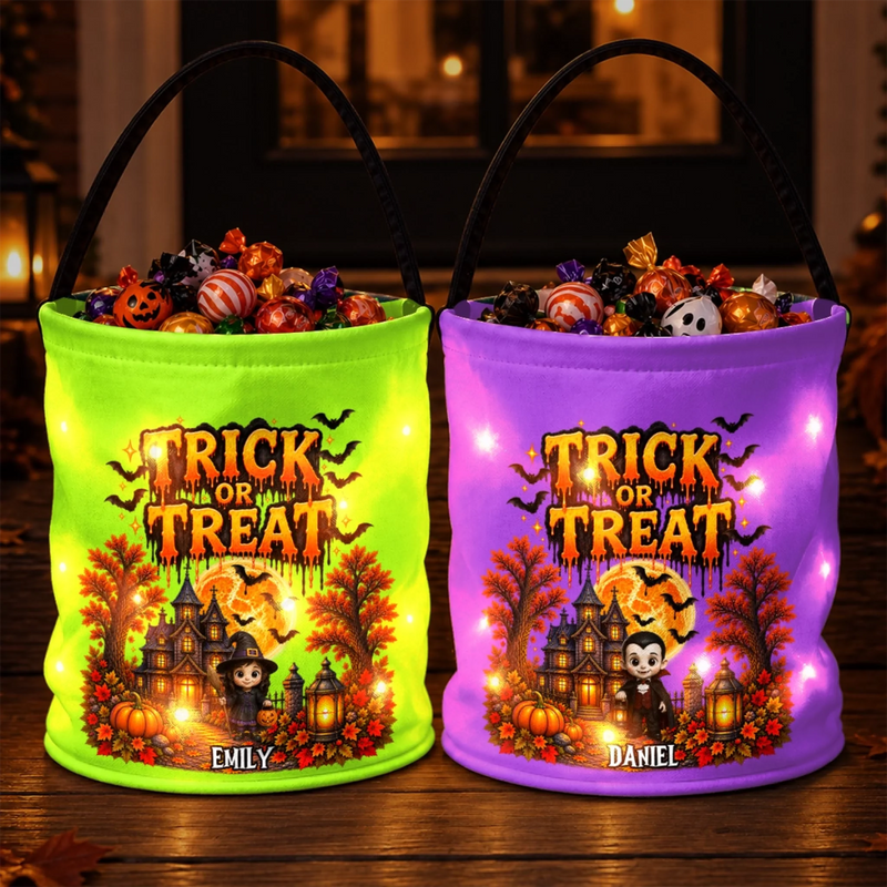 Custom LED Light Bucket Bag - Personalized Halloween Birthday Gifts For Kids - Trick Or Treat, Little Spooky