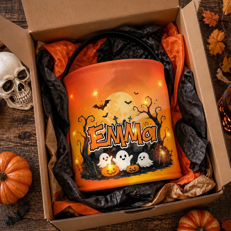 Custom LED Light Bucket Bag - Personalized Halloween  Birthday Gifts For Kids - Tiny Little Halloween Trickster