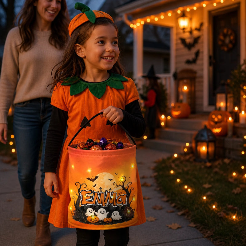 Custom LED Light Bucket Bag - Personalized Halloween  Birthday Gifts For Kids - Tiny Little Halloween Trickster