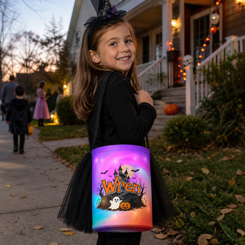 Custom LED Light Bucket Bag - Personalized Halloween  Birthday Gifts For Kids - Tiny Trickster Big Trouble