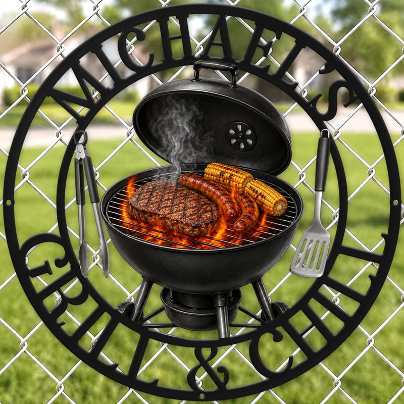 Custom BBQ Shaped Metal Sign - Personalized Grilling Gifts For BBQ Lovers, Husband, Son, Grandson, Brother, Grandpa, Dad, Yourself - Chill Vibes And Hot Grill Fires