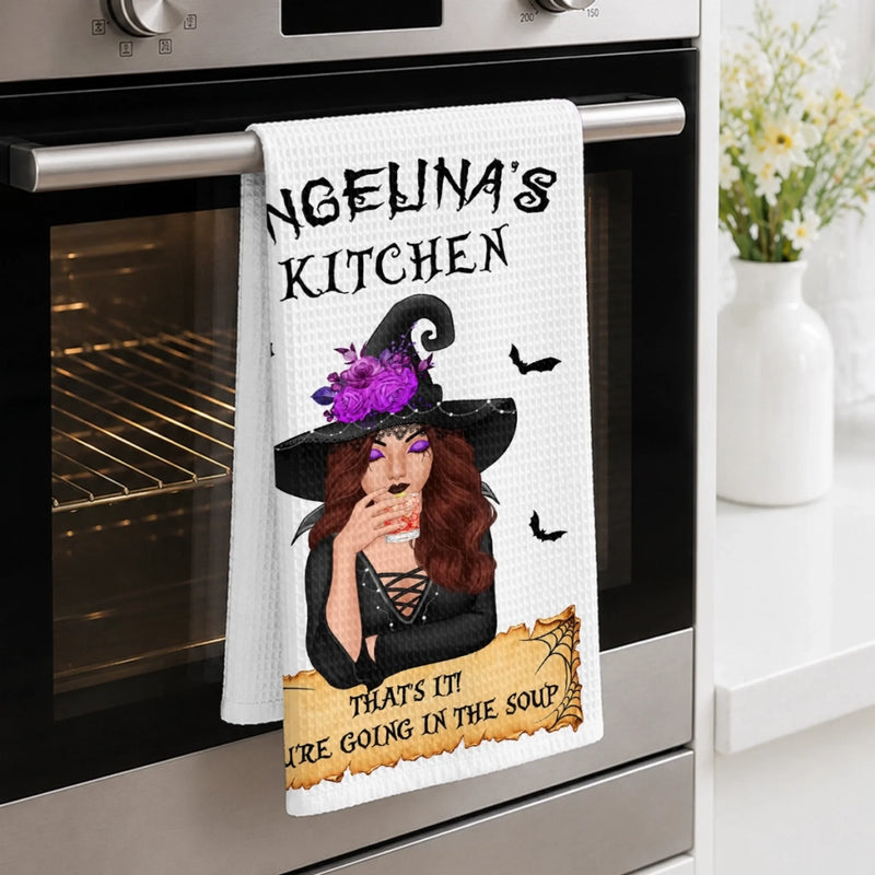Custom Witchy Kitchen Towel - Personalized Halloween Birthday Gifts For Witch, Wife, Daughter, Besties, Sisters, Granddaughter, Grandma, Mom, Yourself - Into The Soup, Darling