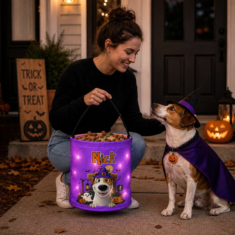 Custom LED Light Bucket Bag - Personalized Halloween Birthday Gifts For Dog Cat Lovers, Dog Dad And Mom, Cat Owners - Trick Or Treat, Paws