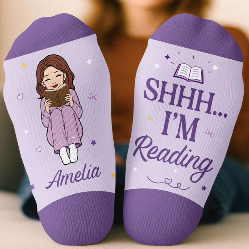 Custom Shh I'm Reading Crew Socks - Personalized Bookish Gifts For Book Lovers, Bookworms, Readers - One Page At A Time