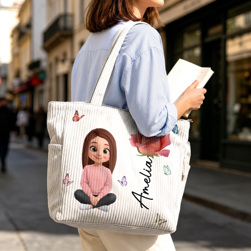 Custom Corduroy Tote Bag - Personalized Birthday Gifts For Wife, Daughter, Besties, Sisters, Granddaughter, Grandma, Mom, Yourself - Lovely Birth Flower Charm