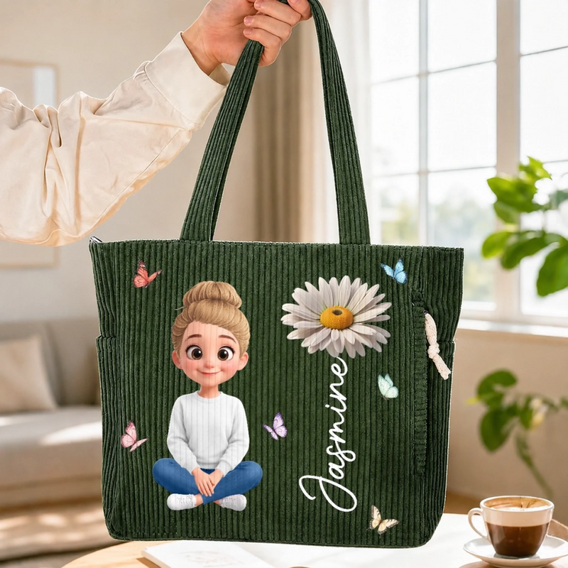 Custom Corduroy Tote Bag - Personalized Birthday Gifts For Wife, Daughter, Besties, Sisters, Granddaughter, Grandma, Mom, Yourself - Lovely Birth Flower Charm