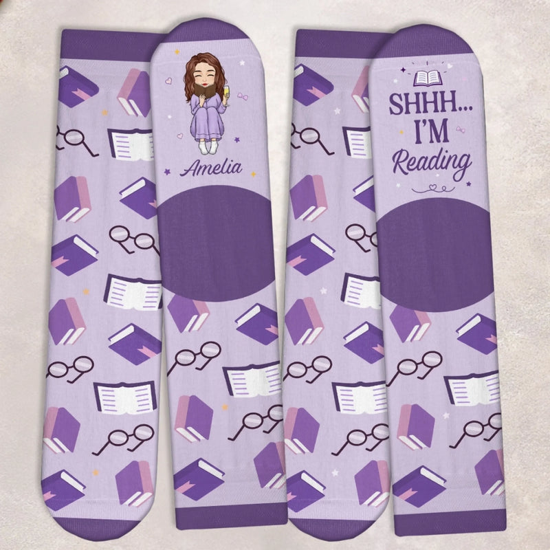 Custom Shh I'm Reading Crew Socks - Personalized Bookish Gifts For Book Lovers, Bookworms, Readers - Quiet Time For Myself Today