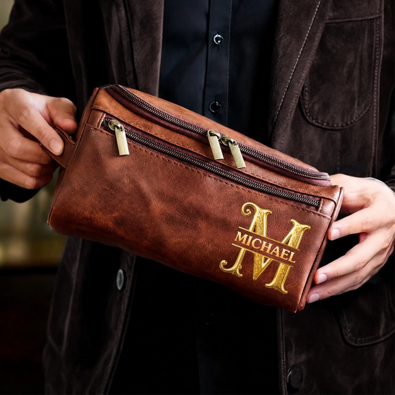 Custom Leather Toiletry Bag - Personalized Birthday Gifts For Husband, Son, Grandson, Brother, Grandpa, Dad, Yourself - The Ultimate Mans Kit