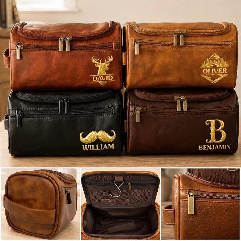 Custom Leather Toiletry Bag - Personalized Birthday Gifts For Husband, Son, Grandson, Brother, Grandpa, Dad, Yourself - The Ultimate Mans Kit