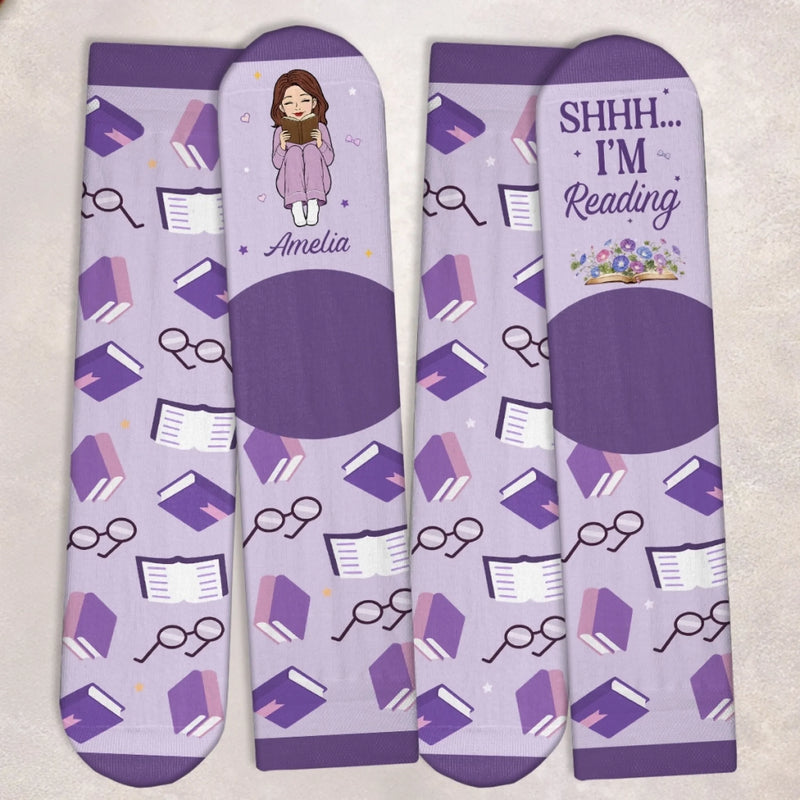 Custom Shh I'm Reading Crew Socks - Personalized Bookish Gifts For Book Lovers, Bookworms, Readers - Easily Distracted By Books