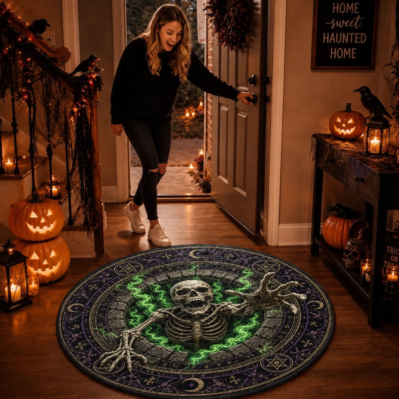 Custom 3D Skeleton Vortex Quilted Round Mat - Personalized Halloween Decor Birthday Gifts For Mom, Dad, Brother, Sister - Witchy Welcome