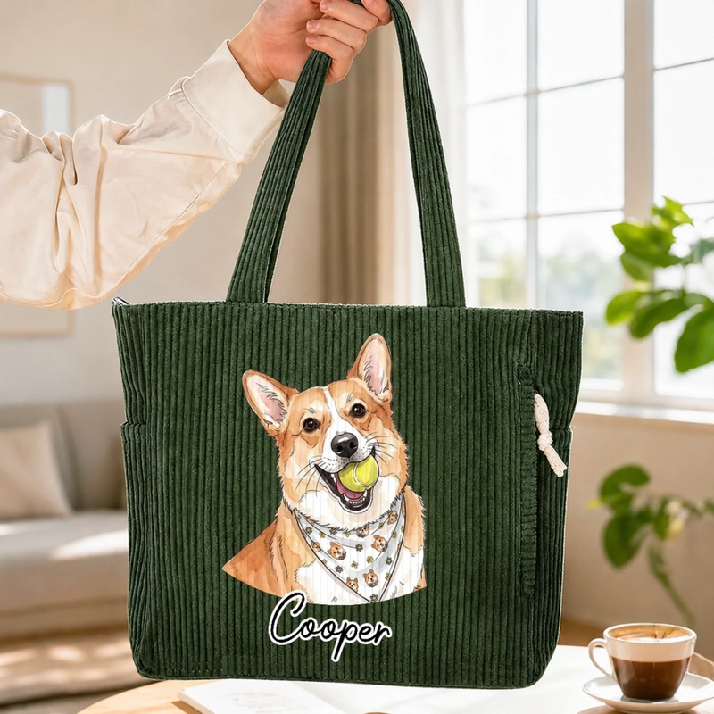 Custom Photo Corduroy Tote Bag - Personalized Birthday Gifts For Dog Cat Lovers, Dog Dad And Mom, Cat Owners -  Fluffy Friend On Board