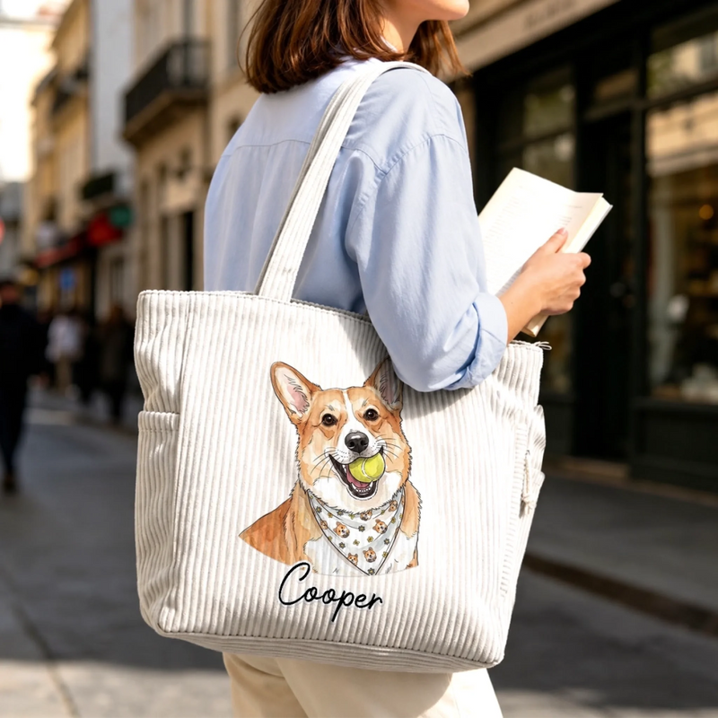 Custom Photo Corduroy Tote Bag - Personalized Birthday Gifts For Dog Cat Lovers, Dog Dad And Mom, Cat Owners -  Fluffy Friend On Board