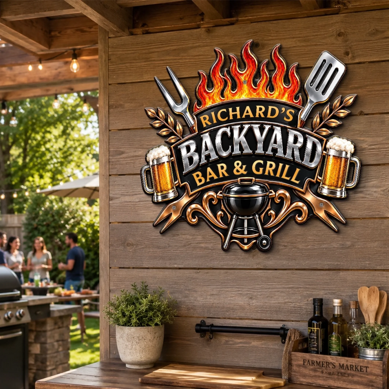 Custom BBQ Shaped Metal Sign - Personalized Grilling Gifts For BBQ Lovers, Husband, Son, Grandson, Brother, Grandpa, Dad, Yourself - Welcome To My Backyard Grill