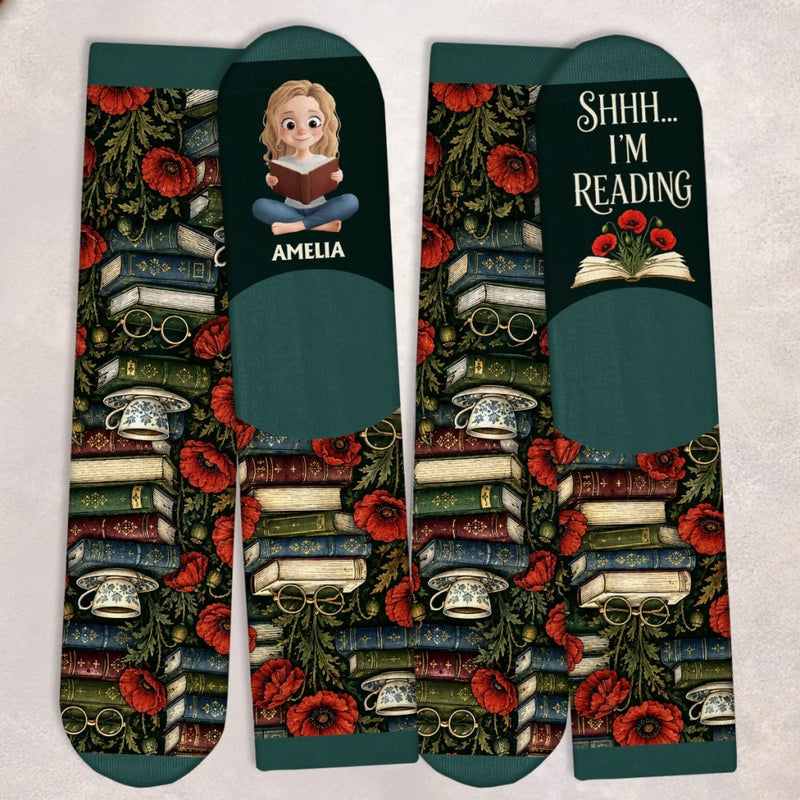 Custom Shh I'm Reading Crew Socks - Personalized Bookish Gifts For Book Lovers, Bookworms, Readers - One More Chapter