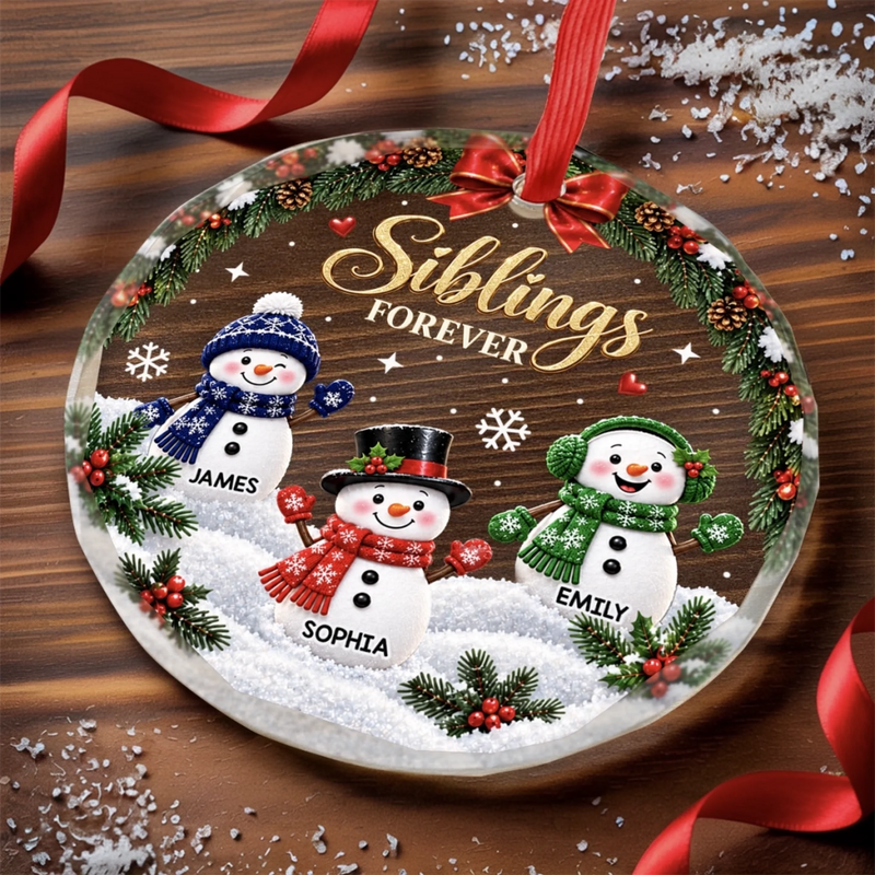 Custom Circle Glass Ornament - Personalized Christmas Birthday Gifts For Mom, Dad, Brother, Sister - Snow Much Sibling Love