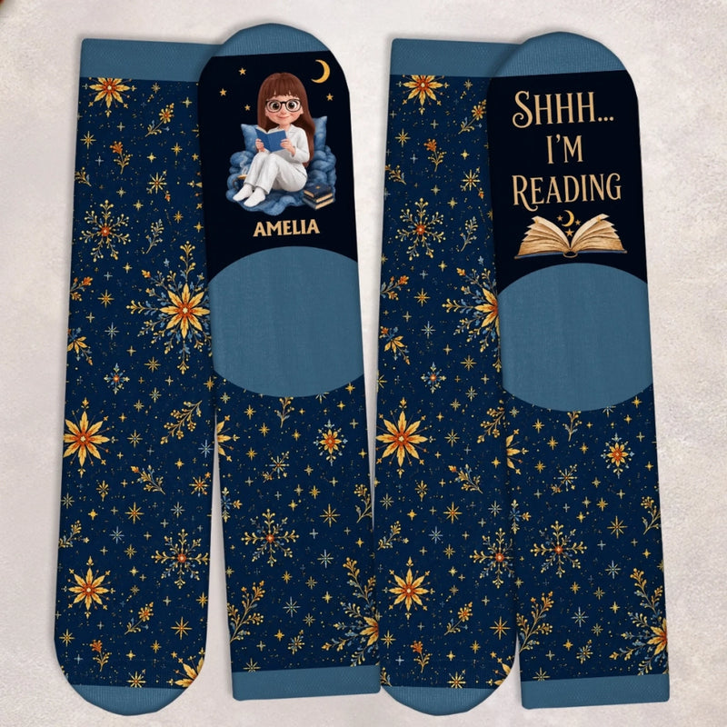 Custom Shh I'm Reading Crew Socks - Personalized Bookish Gifts For Book Lovers, Bookworms, Readers - I'm Booked