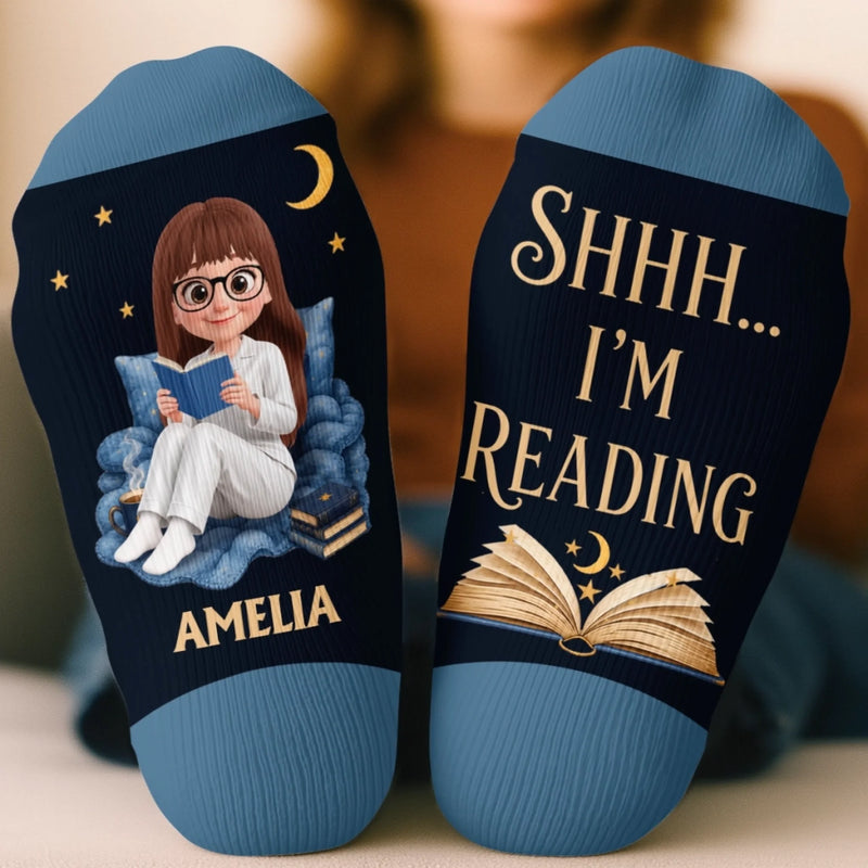 Custom Shh I'm Reading Crew Socks - Personalized Bookish Gifts For Book Lovers, Bookworms, Readers - I'm Booked