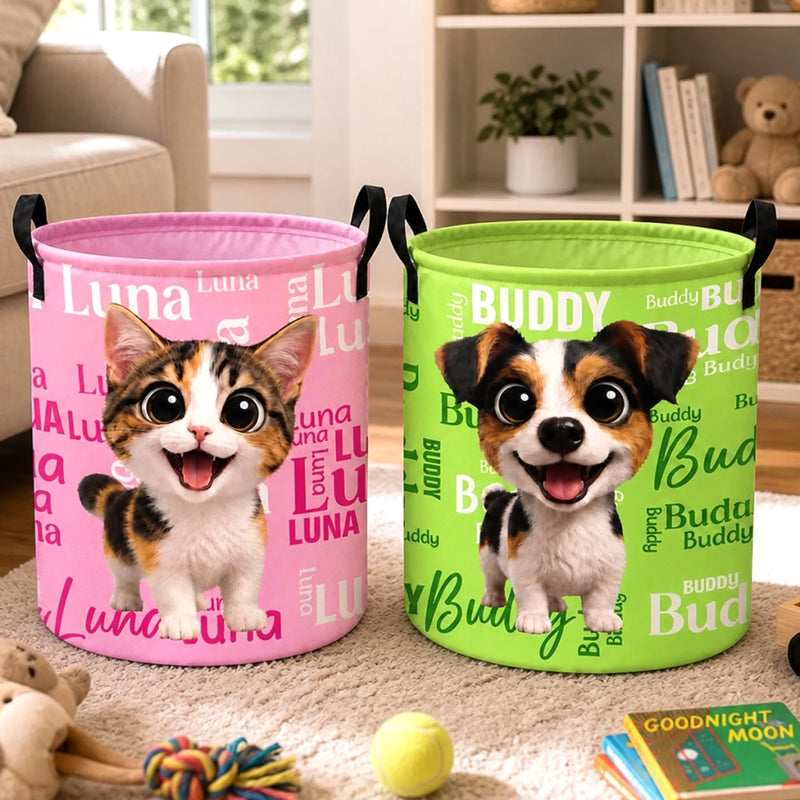 Custom Photo Laundry Basket - Personalized Birthday Gifts For Dog Cat Lovers, Dog Dad And Mom, Cat Owners - Happy Paws