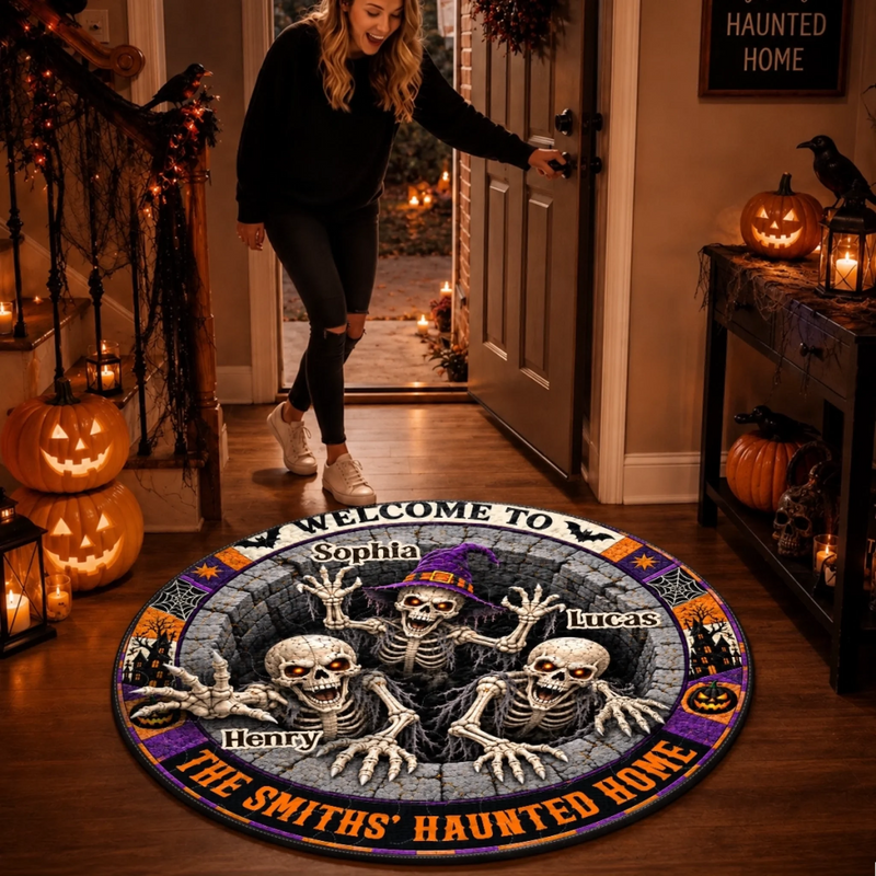 Custom 3D Skeleton Quilted Round Mat - Personalized Halloween Decor Birthday Gifts For Mom, Dad, Brother, Sister - Home Of The Bone Squad
