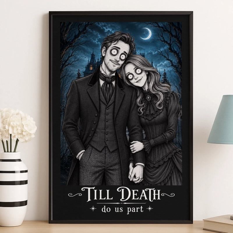 Custom Photo Gothic Vertical Poster - Personalized Halloween Anniversary Wedding Gifts For Husband And Wife, Him And Her - Deadly In Love Together
